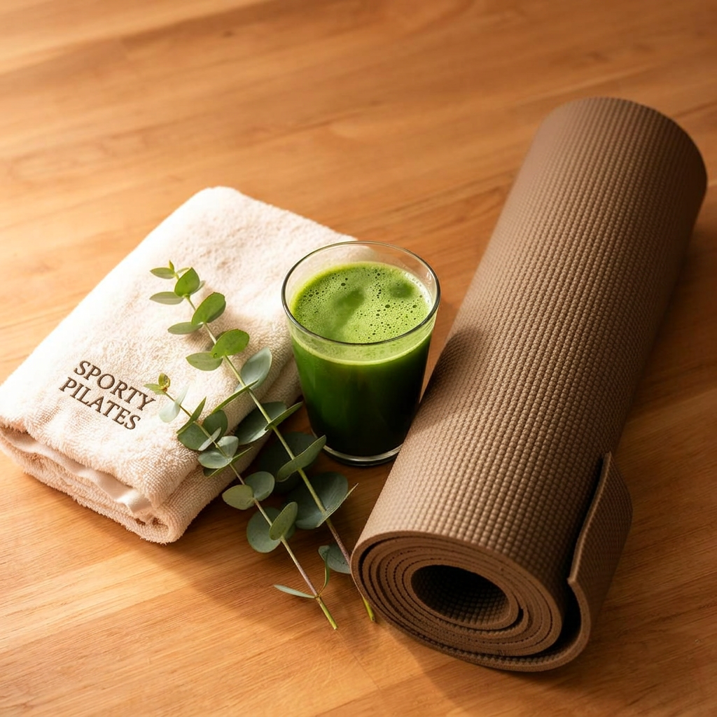 Folded cream Sporty Pilates towel, a glass of green juice, a sprig of eucalyptus and a brown Pilates mat arranged on warm oak.